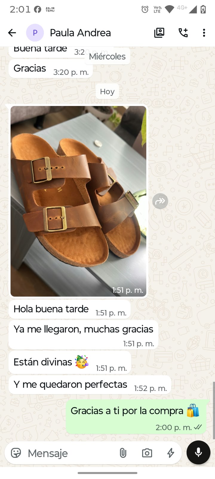 Mensaje de Whatsapp de un cliente